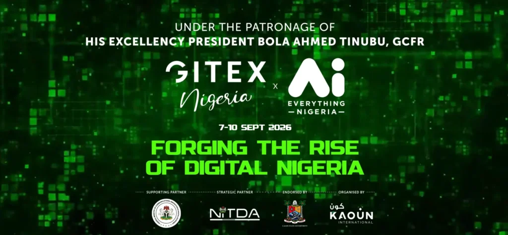 GITEX Nigeria 7-10 Sept 2026 event banner showcasing AI, innovation and startups with green digital pixel pattern and logos