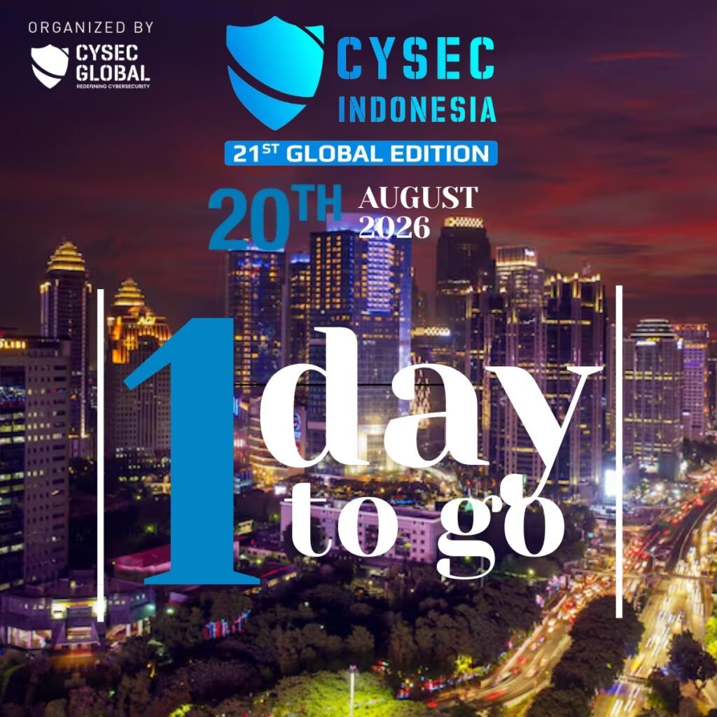CYSEC INDONESIA 2026 countdown graphic showing Jakarta night skyline and bold "1 day to go" for 20 August event