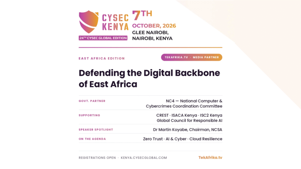 CYSEC Kenya event poster: Defending the Digital Backbone of East Africa, Glee Nairobi date, speakers and partners listed
