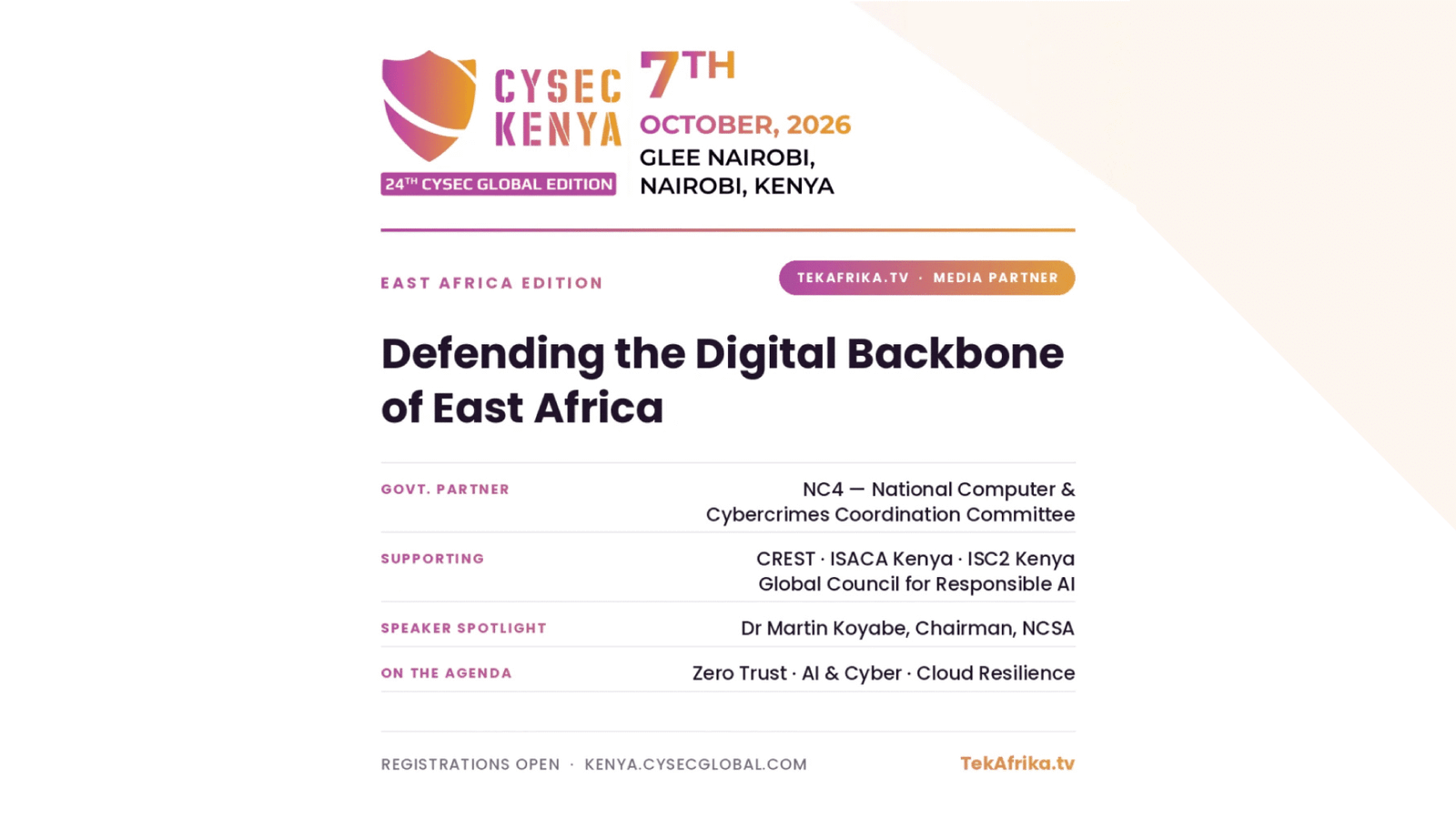 CYSEC Kenya event poster: Defending the Digital Backbone of East Africa, Glee Nairobi date, speakers and partners listed